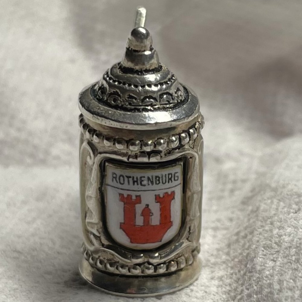 Vintage 800 Silver Rothenberg, Germany Beer Stein & Enameled Coat of Arms Charm